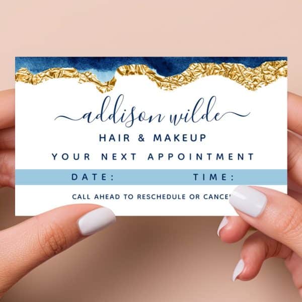 Appointment Card For Addison Wilde Hair &Amp; Makeup, Featuring A Navy Blue And Gold Design.