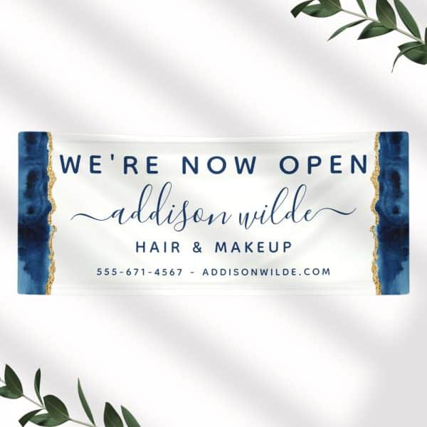 Grand Opening Announcement For Addison Wilde Hair &Amp; Makeup, Featuring A Navy Blue And Gold Design.