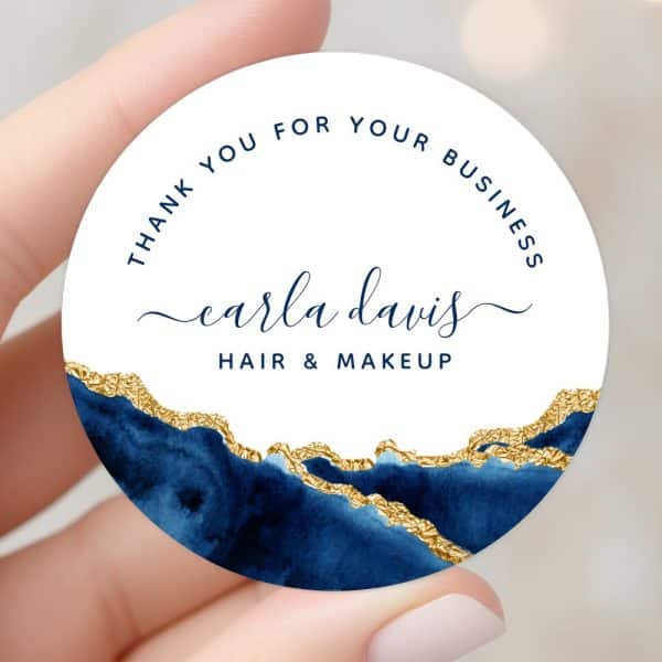 Round Thank You Sticker Featuring Navy Blue And Gold Design, With Carla Davis Hair &Amp; Makeup.