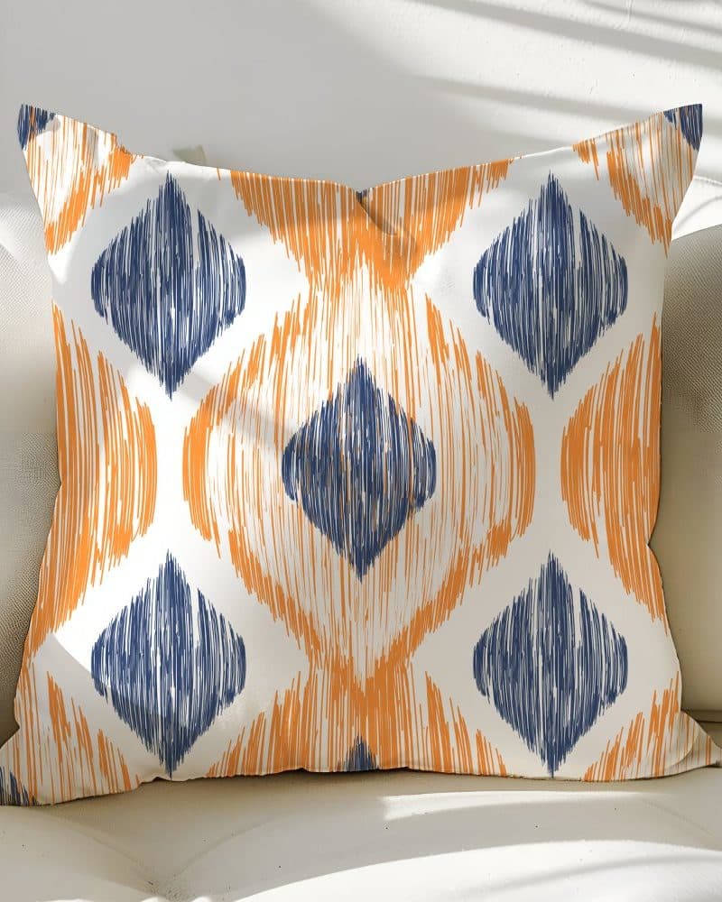 Orange and navy blue patterned throw pillow.