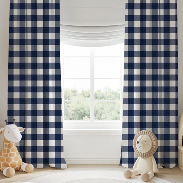 Pair Of Navy Blue And White Gingham Curtains Hanging In A Window.