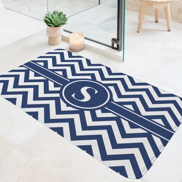 Navy Blue And White Chevron Bath Mat With A Monogrammed Initial S.
