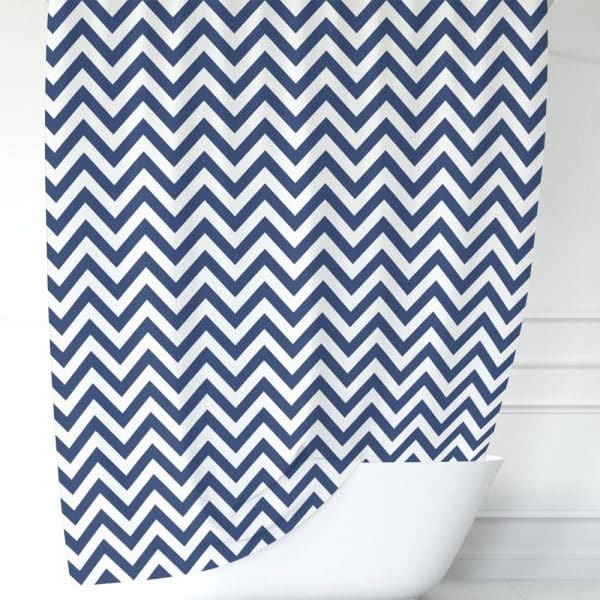 Navy Blue And White Chevron Patterned Shower Curtain.