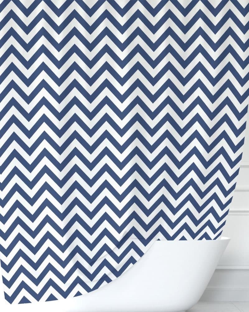 Navy blue and white chevron patterned shower curtain.