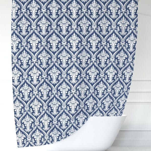 Navy Blue Shower Curtain With A White Damask Pattern.