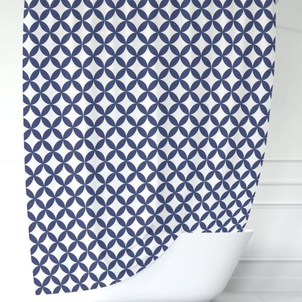 Navy Blue And White Geometric Patterned Shower Curtain.