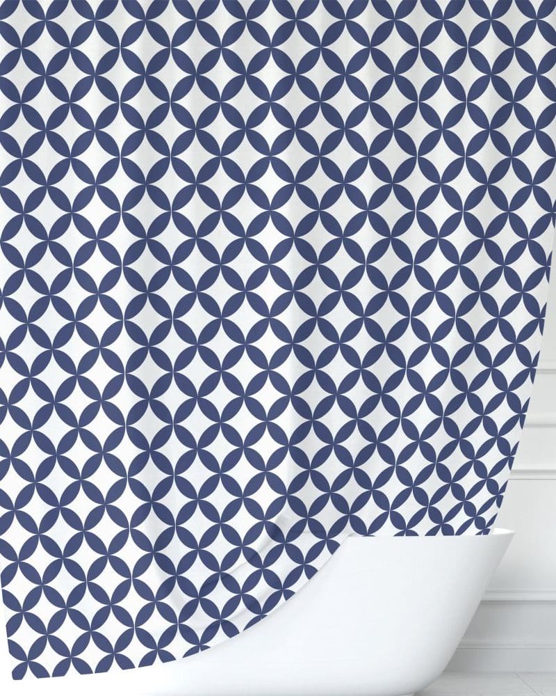 Navy blue and white geometric patterned shower curtain.