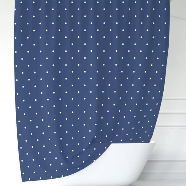 Navy Blue Shower Curtain With White Polka Dots.