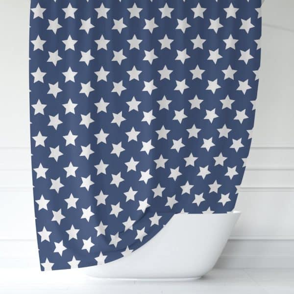 Navy Blue Shower Curtain With A Repeating Pattern Of White Stars.