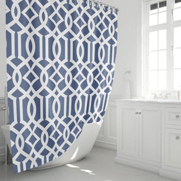 Navy Blue And White Geometric Patterned Shower Curtain.