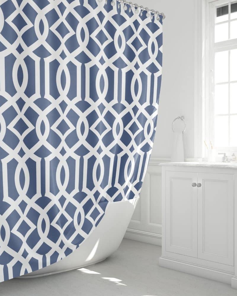 Navy blue and white geometric patterned shower curtain.
