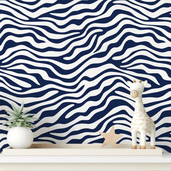 Navy Blue And White Zebra Striped Wallpaper With A Small Giraffe Figurine And Succulent Plant On A Shelf.