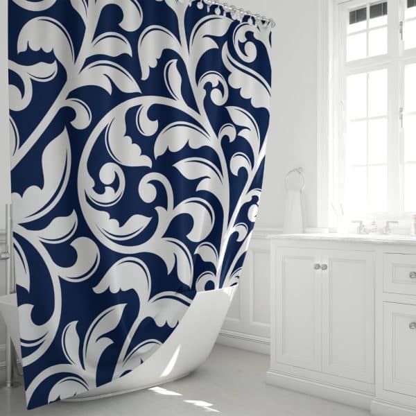 Navy Blue Shower Curtain With A White Damask Pattern.