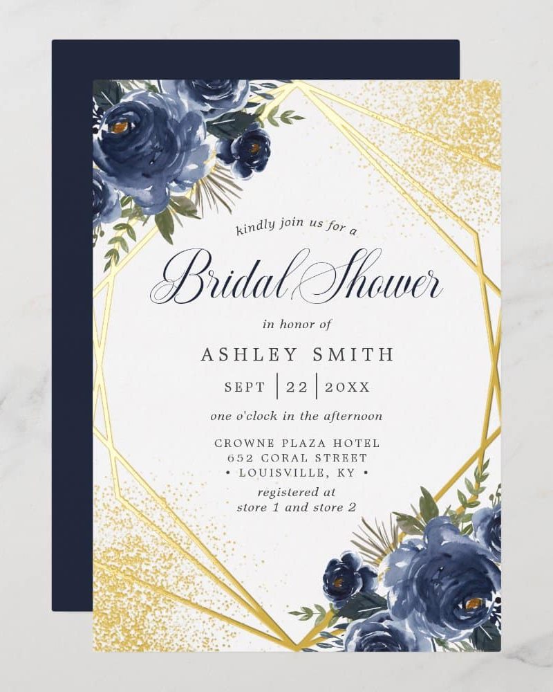 Bridal shower invitation with navy blue floral details and gold geometric frame.