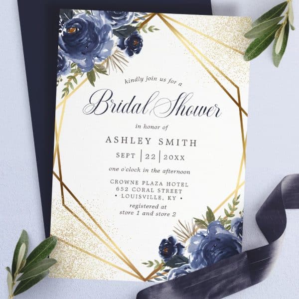 Bridal Shower Invitation For Ashley Smith, Featuring Navy Blue Floral Details And Gold Geometric Accents.