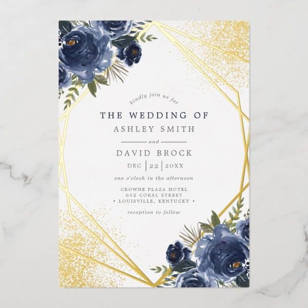 Wedding Invitation With Navy Blue Floral Details And Gold Geometric Frame.