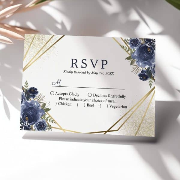 Gold-Framed Rsvp Card With Navy Blue Floral Design, Requesting Response By May 1St And Meal Choice.