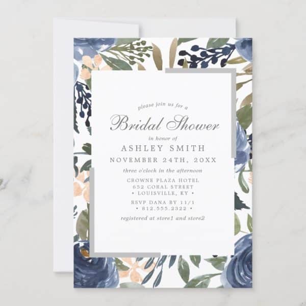 Bridal Shower Invitation With Blue And Peach Watercolor Flowers.