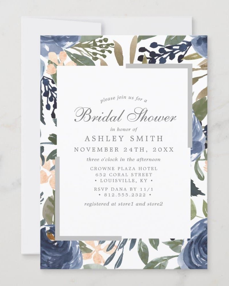 Bridal shower invitation with blue and peach watercolor flowers.