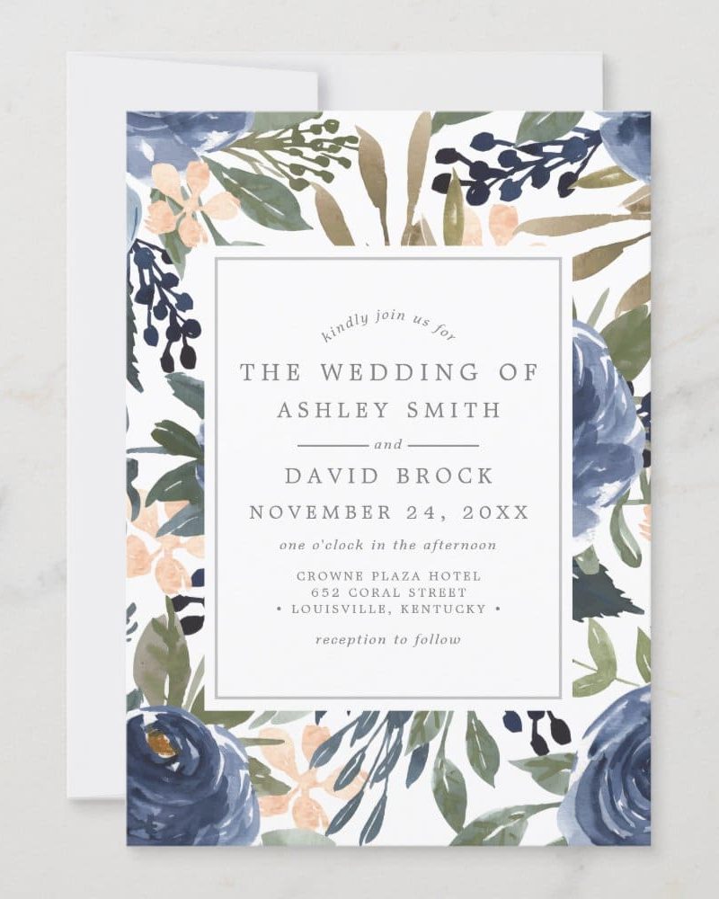 Wedding invitation with blue and peach floral border, announcing Ashley Smith and David Brock's wedding.