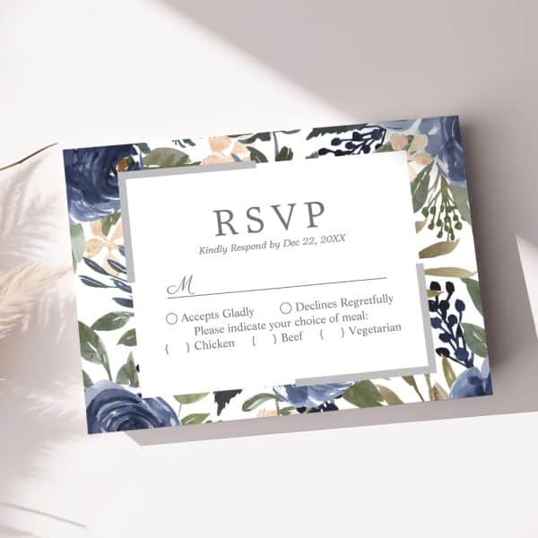 Wedding Rsvp Card With Blue And Green Floral Border.