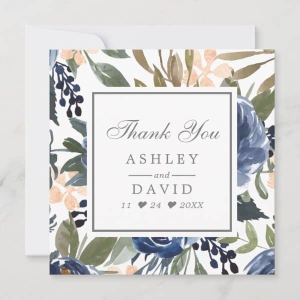 Wedding Thank You Card With A Watercolor Floral Design In Shades Of Blue And Peach. The Card Features The Names Ashley And David And A Wedding Date.