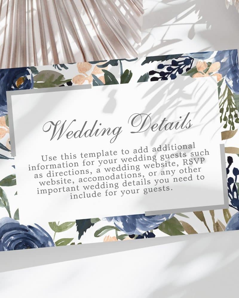 Wedding details card template with blue and green floral border.
