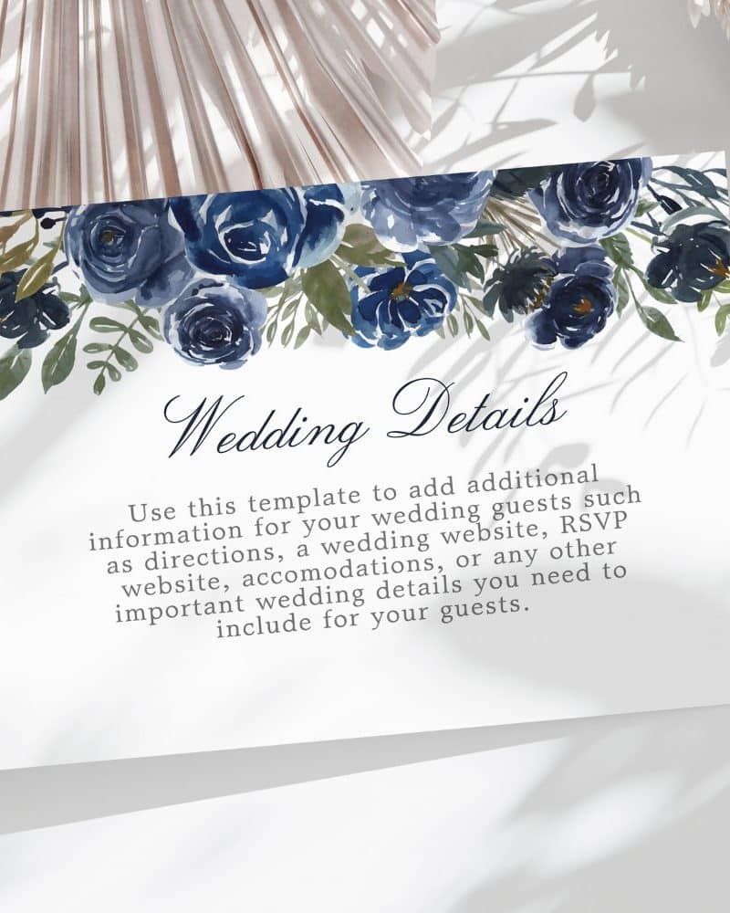 Wedding details card with navy blue watercolor flowers.