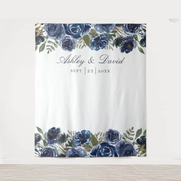 Wedding Backdrop With Watercolor Blue Flowers And Ashley &Amp; David'S Wedding Date.
