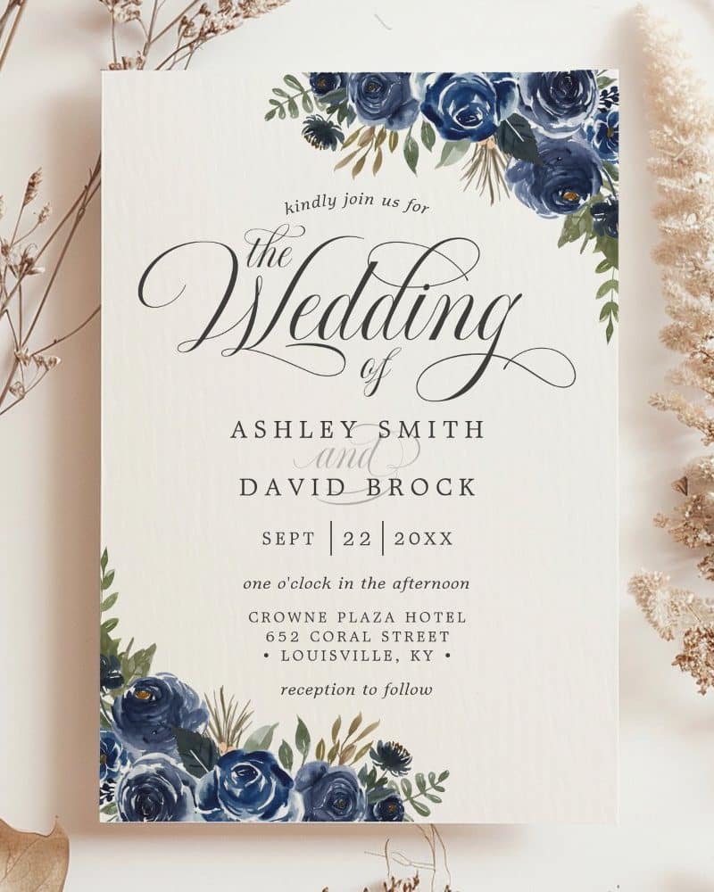Wedding invitation for Ashley Smith and David Brock, featuring blue watercolor flowers.