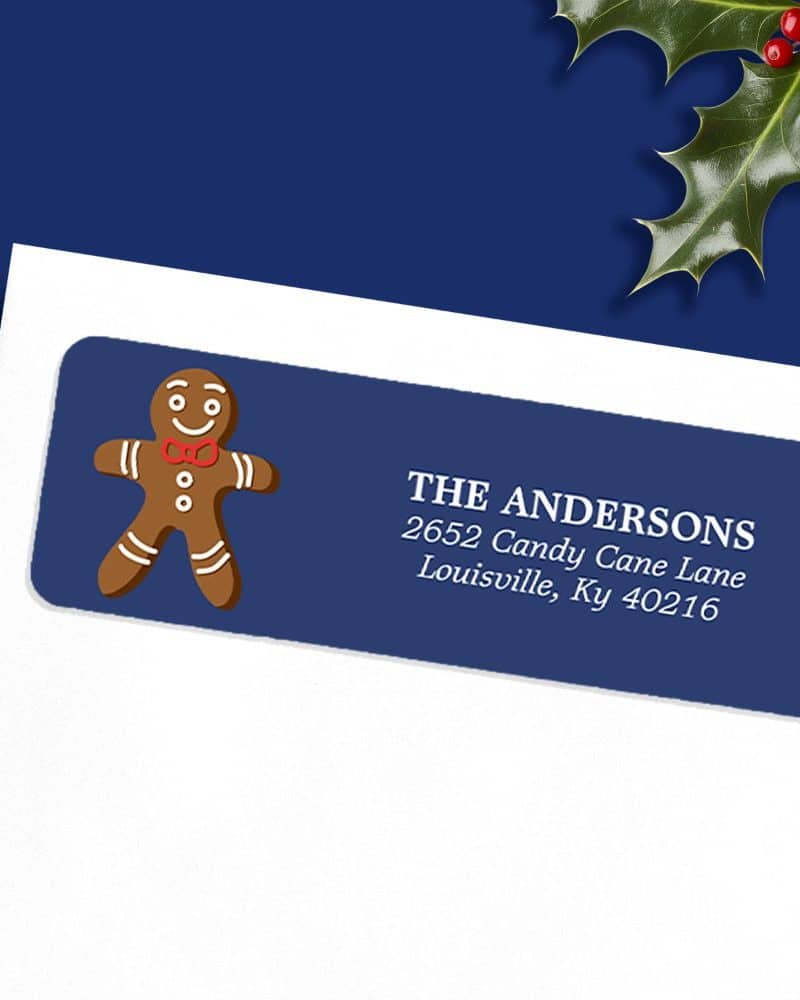Blue return address label with a gingerbread man and The Andersons address.