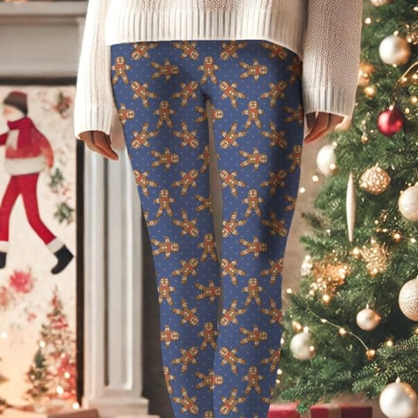 Blue Leggings With A Repeating Pattern Of Gingerbread Men.