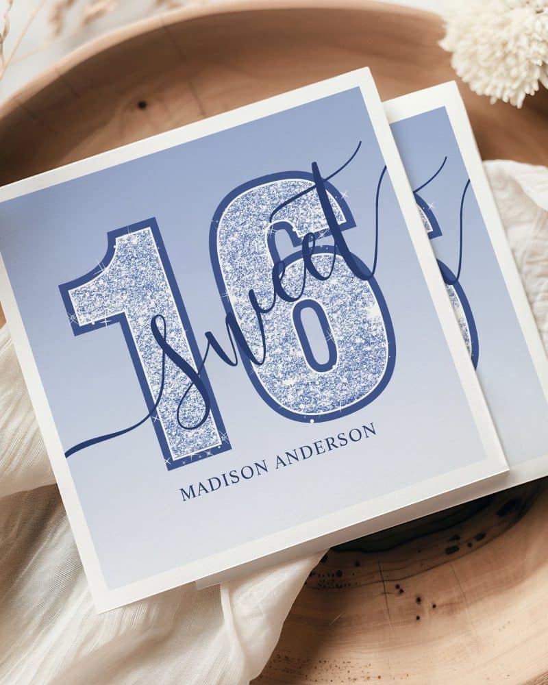 Sweet sixteen invitation with glitter-effect numbers and Madison Anderson's name.