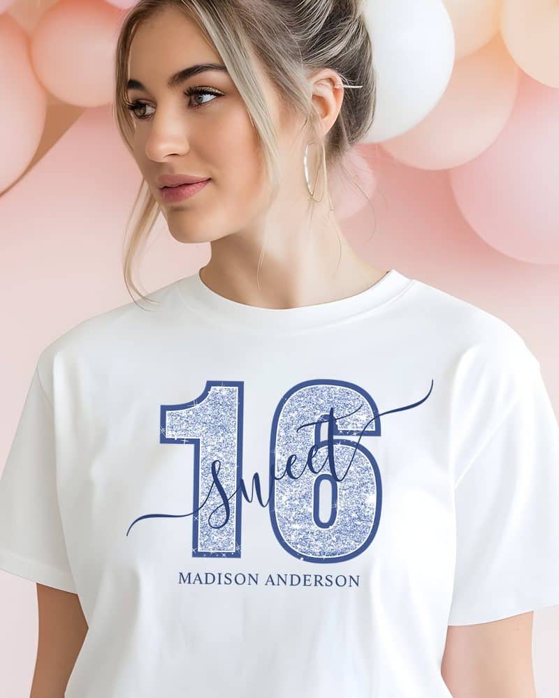 Woman wearing a white shirt with glitter-style sixteen and the word sweet printed on it. The name Madison Anderson is printed below.