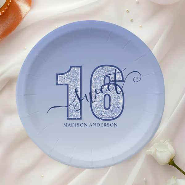 Periwinkle Blue Paper Plate With Glitter-Textured Number Sixteen And The Word Sweet; Personalized With Madison Anderson.