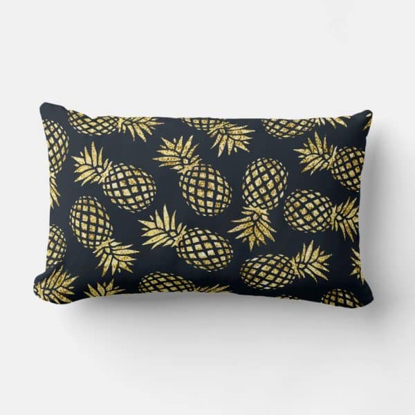 Rectangular Throw Pillow With A Dark Background And A Repeating Pattern Of Gold Glitter Pineapples.