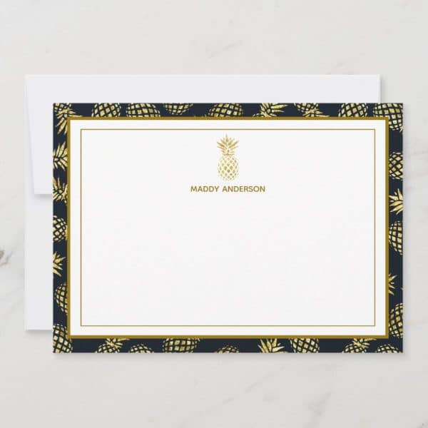 Gold Glitter Pineapple Stationery With A Dark Blue Border. Maddy Anderson'S Name Is Printed At The Top.