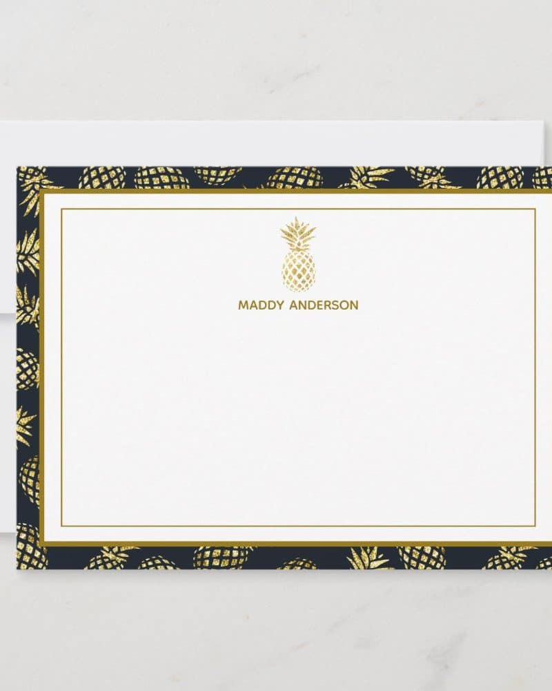 Gold glitter pineapple stationery with a dark blue border. Maddy Anderson's name is printed at the top.