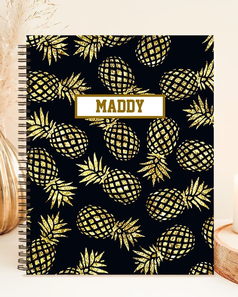 Navy Blue Gold Pineapple Pattern Monogram Notebook