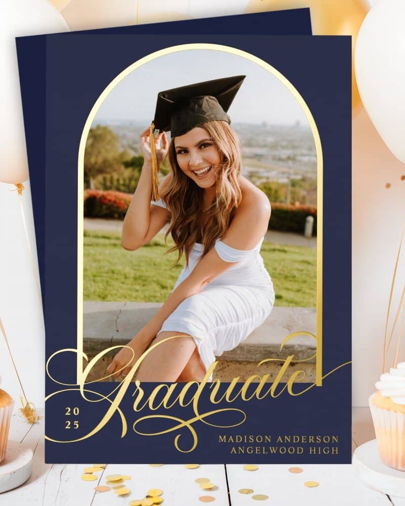 Graduation announcement featuring a photo of Madison Anderson, Angelwood High graduate, in cap and gown.