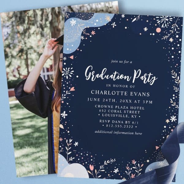 Graduation Party Invitation For Charlotte Evans, Featuring A Photo Of The Graduate In Cap And Gown.