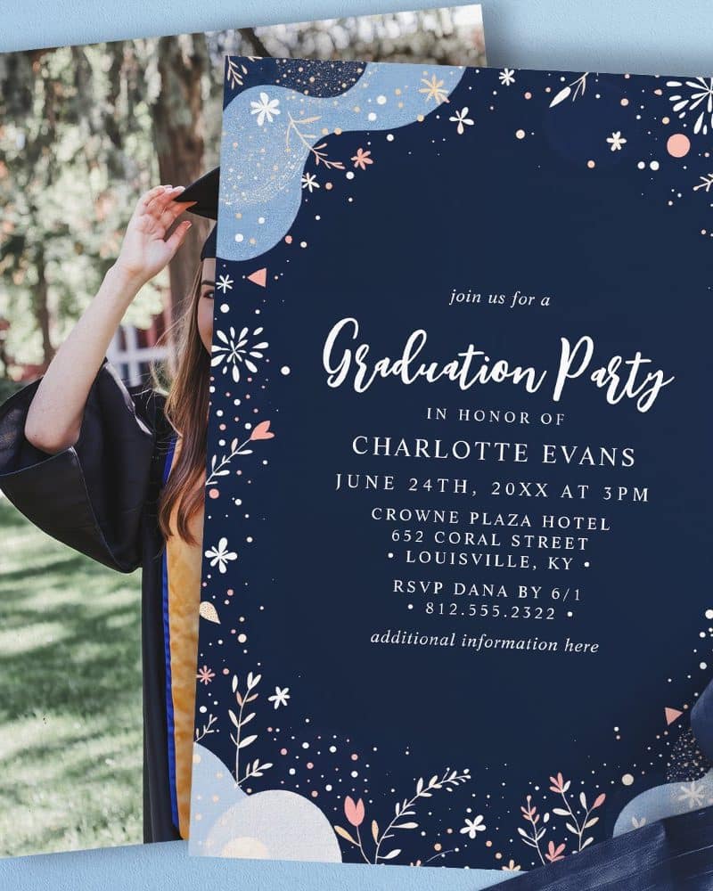 Graduation party invitation for Charlotte Evans, featuring a photo of the graduate in cap and gown.