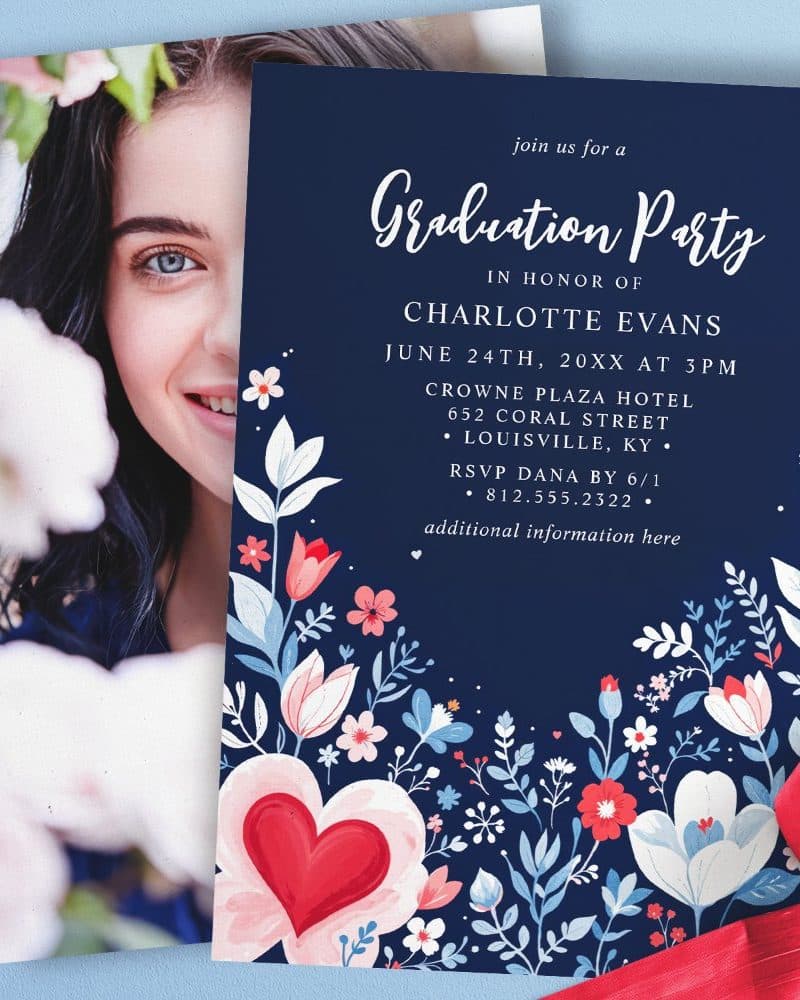 Graduation party invitation with floral design and a large red heart, featuring a photo of the graduate.