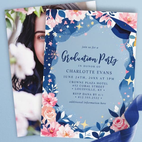 Graduation Party Invitation For Charlotte Evans, Featuring A Photo Of The Graduate And Floral Design.