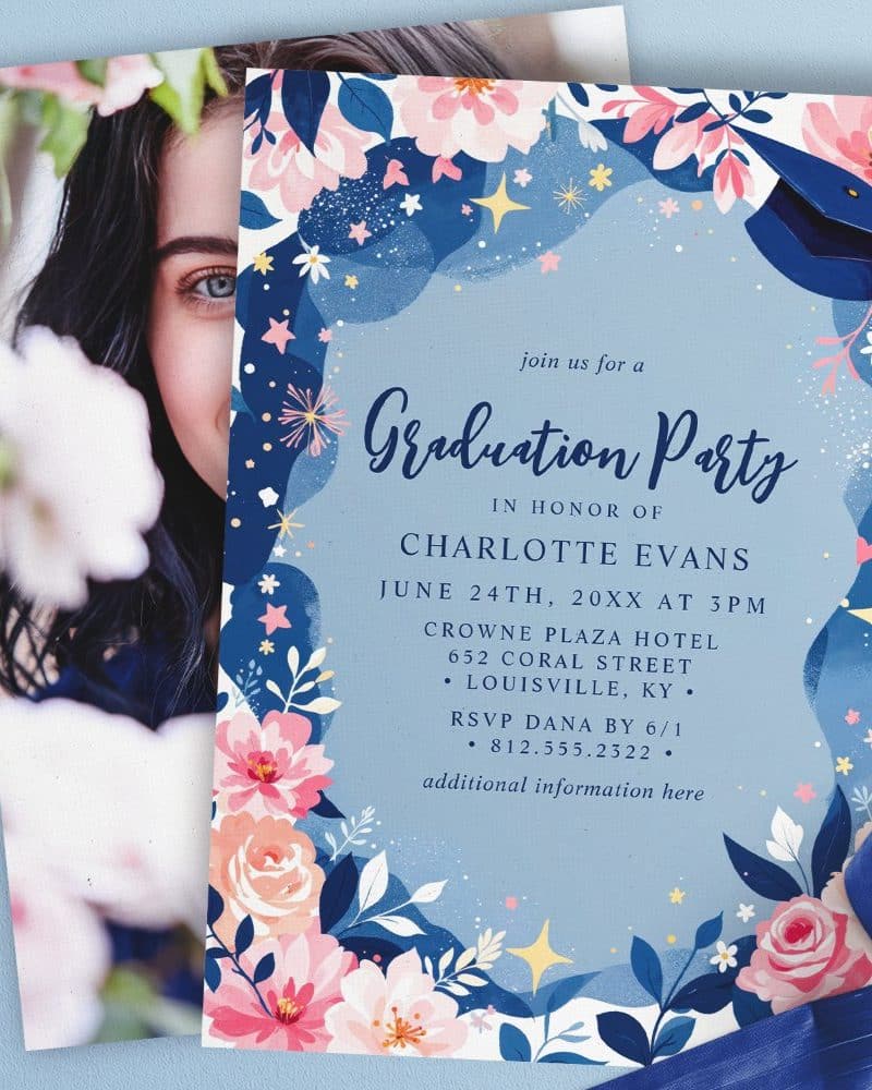 Graduation party invitation for Charlotte Evans, featuring a photo of the graduate and floral design.