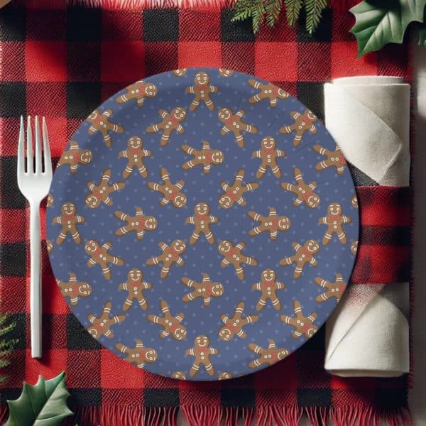 A Blue Paper Plate Decorated With A Repeating Pattern Of Gingerbread Men.