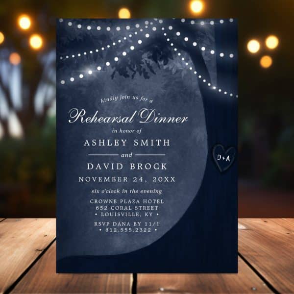 Navy Blue Rehearsal Dinner Invitation With A Tree Silhouette, String Lights, And The Couple'S Names.