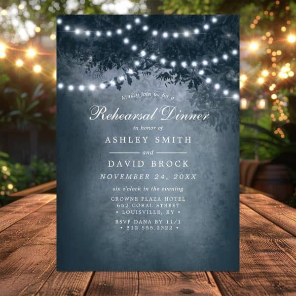 Rehearsal Dinner Invitation For Ashley Smith And David Brock, Featuring String Lights And Foliage.
