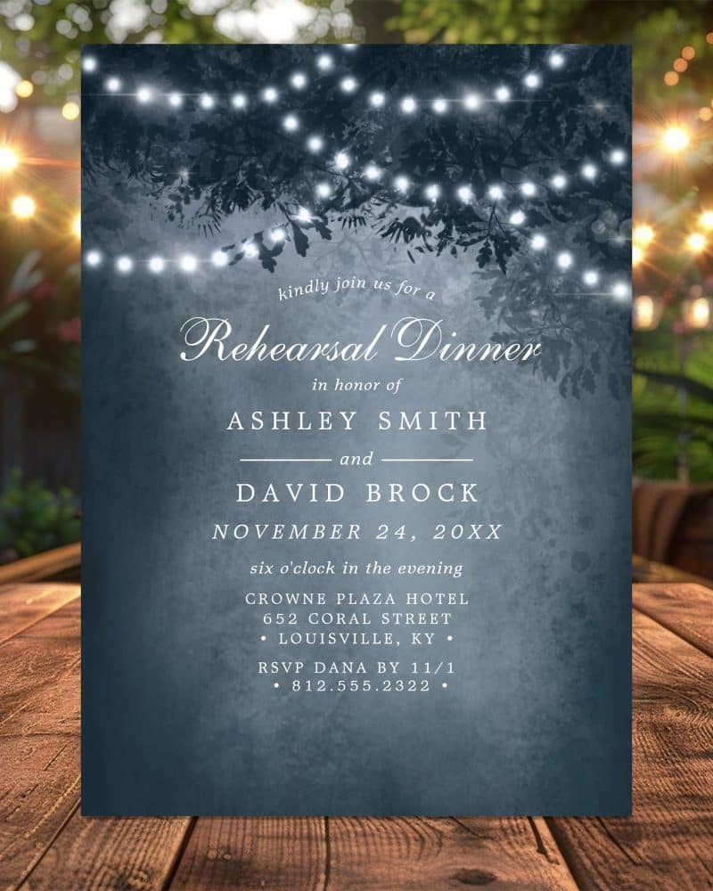 Rehearsal Dinner Invitation For Ashley Smith And David Brock, Featuring String Lights And Foliage.