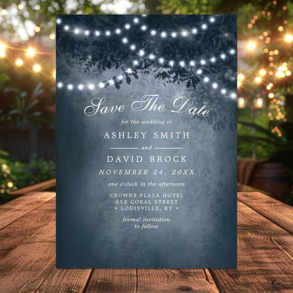 Save The Date For Ashley Smith And David Brock'S Wedding, November 24, At The Crowne Plaza Hotel In Louisville, Ky. A String Of Lights Illuminates The Design.